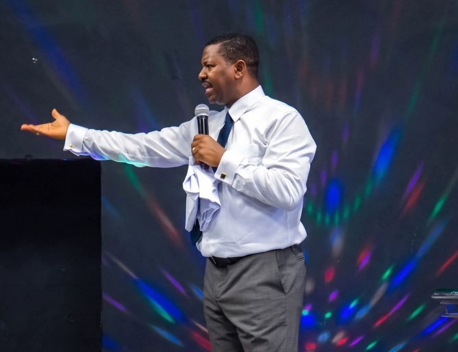 A minister speaking during a Rodwater service
